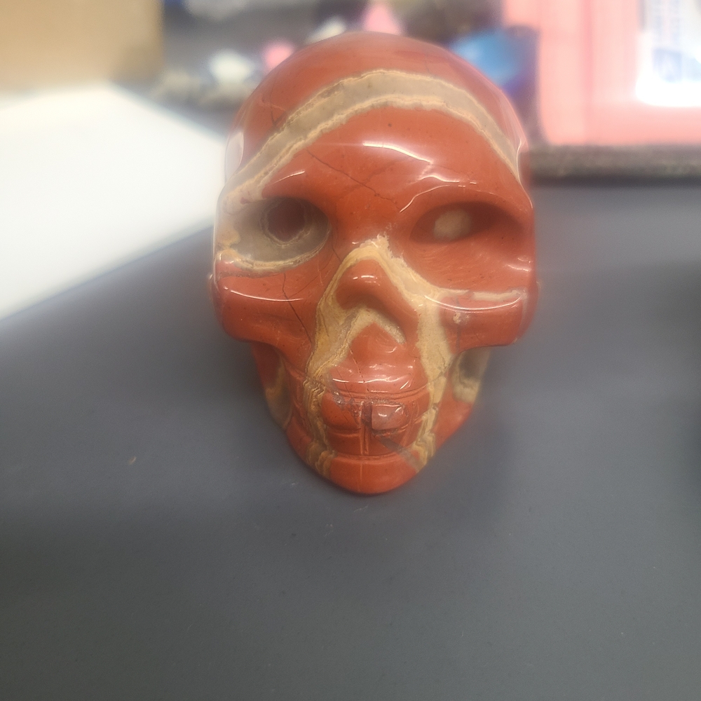 Jade Crystal Banded  Red Skull Carving New
